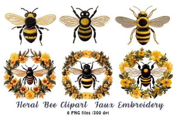 Floral Bee Clipart Faux Embroidery