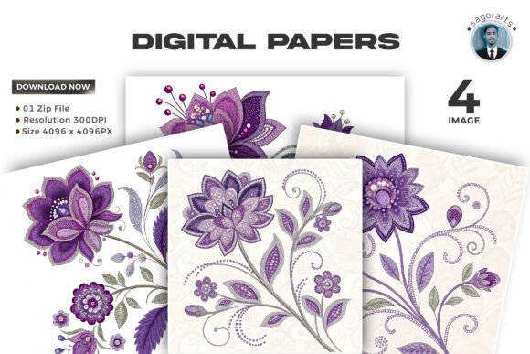 Purple Crystal Floral Embroidery Pattern